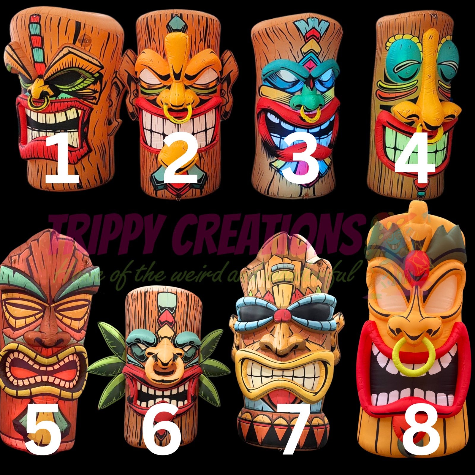 Bespoke inflatable tiki and tropical party props with optional fireproofing and LED lighting
