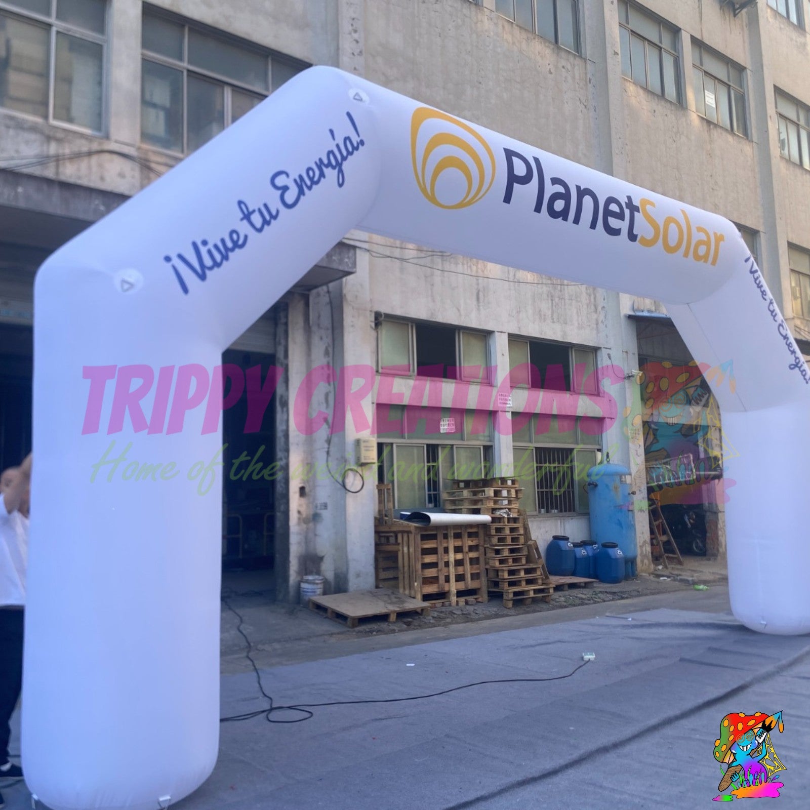 Inflatable arch customised with company logos, colours and graphics