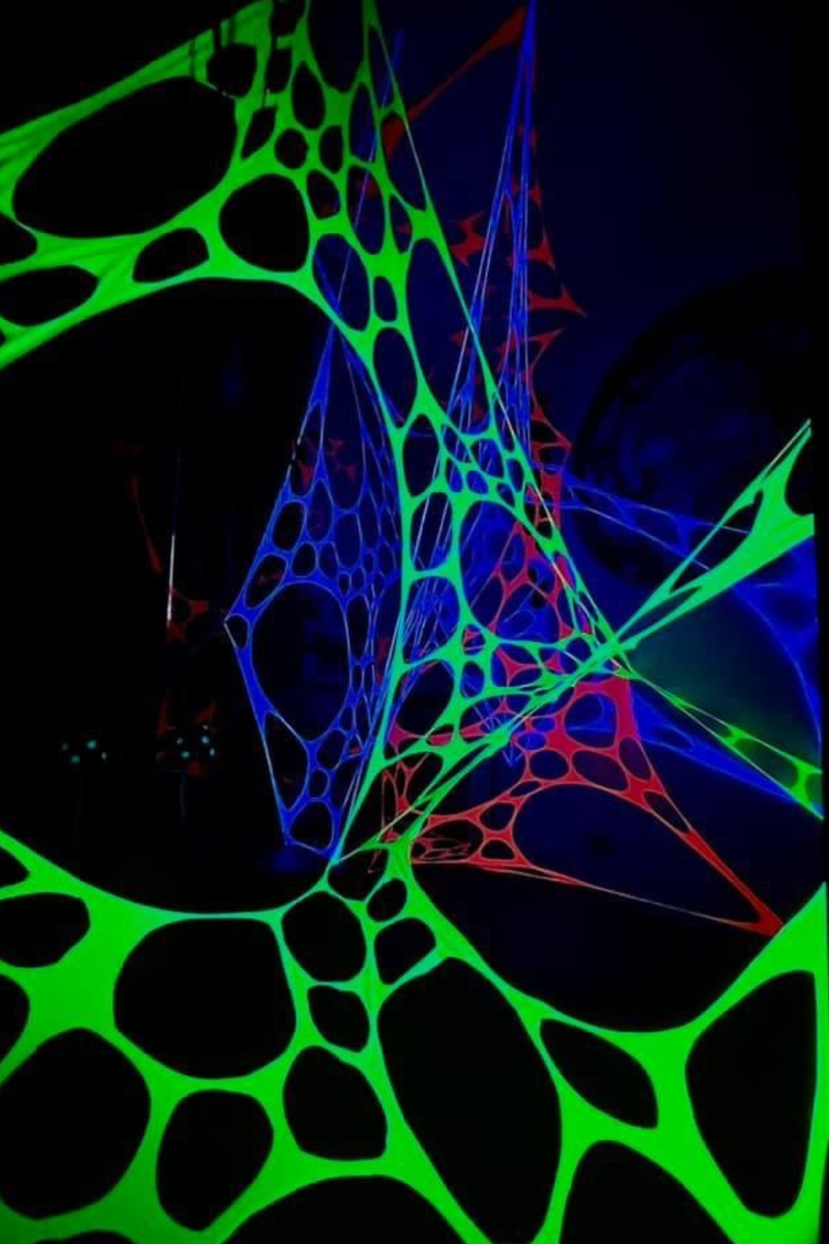 Abstract neon artwork with a black background and flowing organic shapes in bright green, blue, and red.