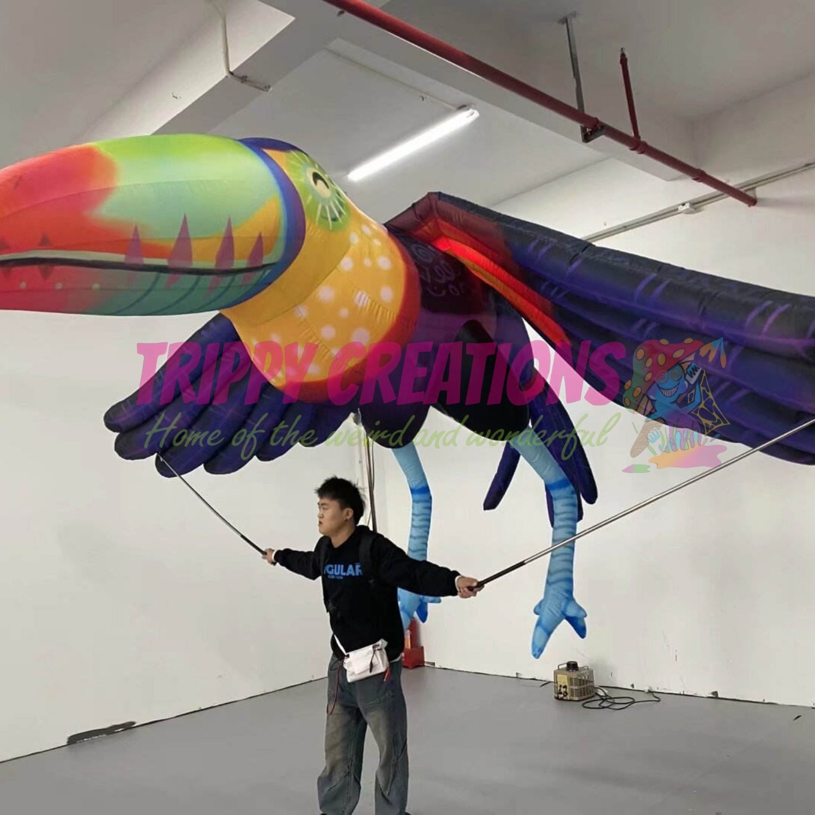 Brightly coloured parrot character costume used for carnival processions and street performances