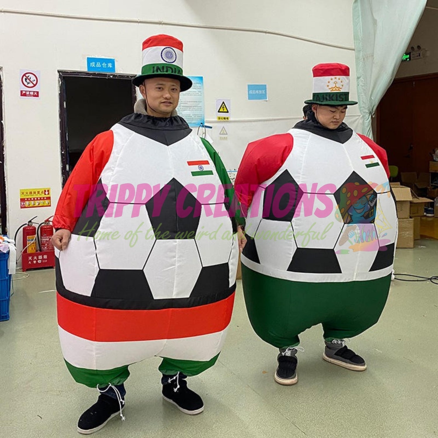 Adult performer wearing a giant inflatable football mascot prop at an event.