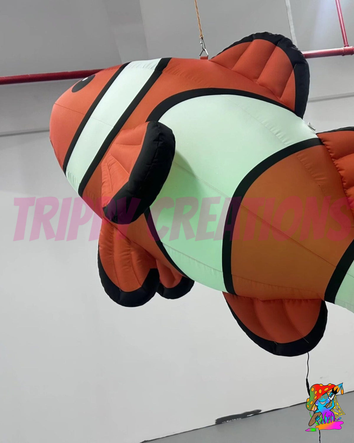 Orange and white hanging inflatable fish decoration for aquariums, marine themed exhibitions and commercial event installations