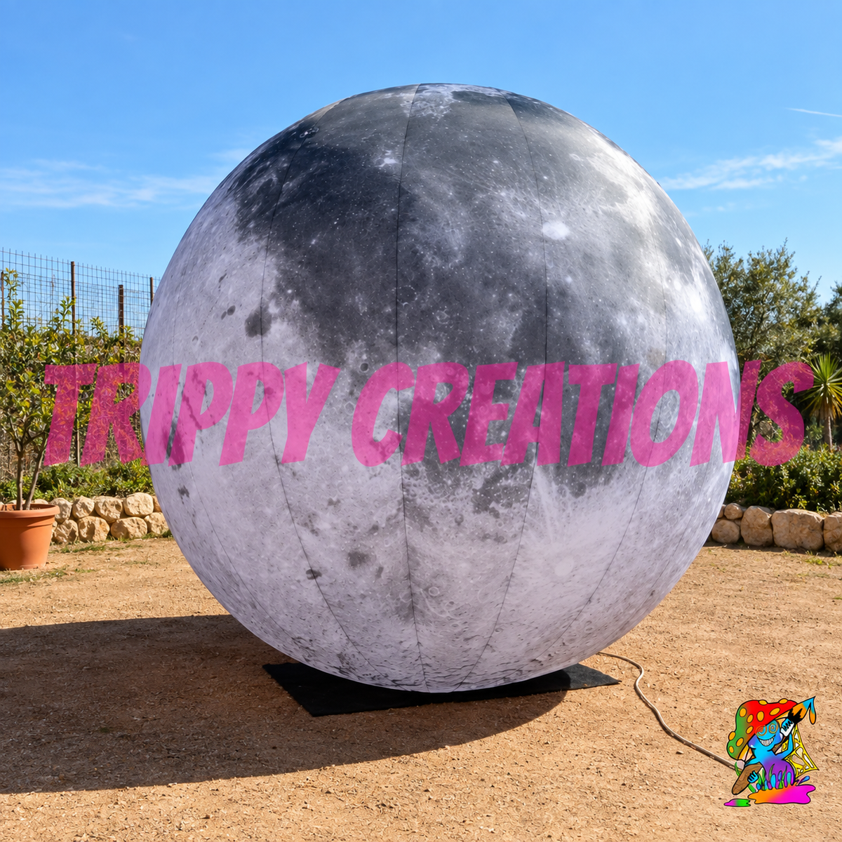 Giant LED inflatable moon decoration by Trippy Creations with realistic lunar crater detail for festivals, immersive events and space themed venues.