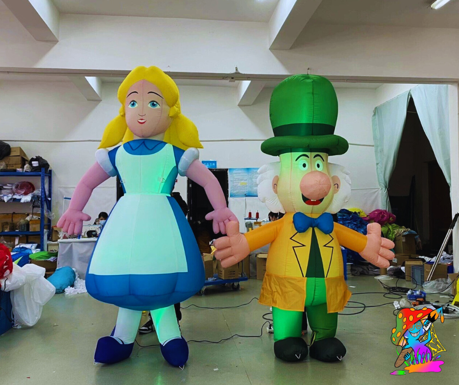 Inflatable Alice characters adding charm to storybook-themed events
