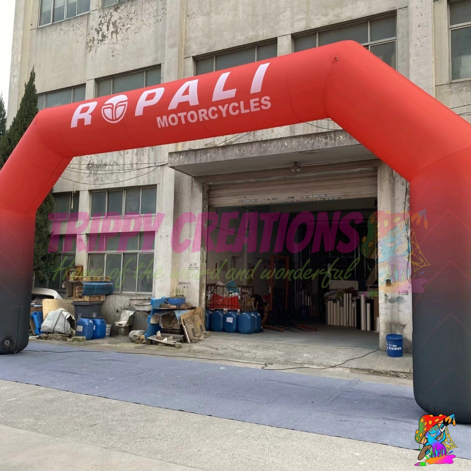 Digital mock-up showing custom artwork applied to an inflatable arch