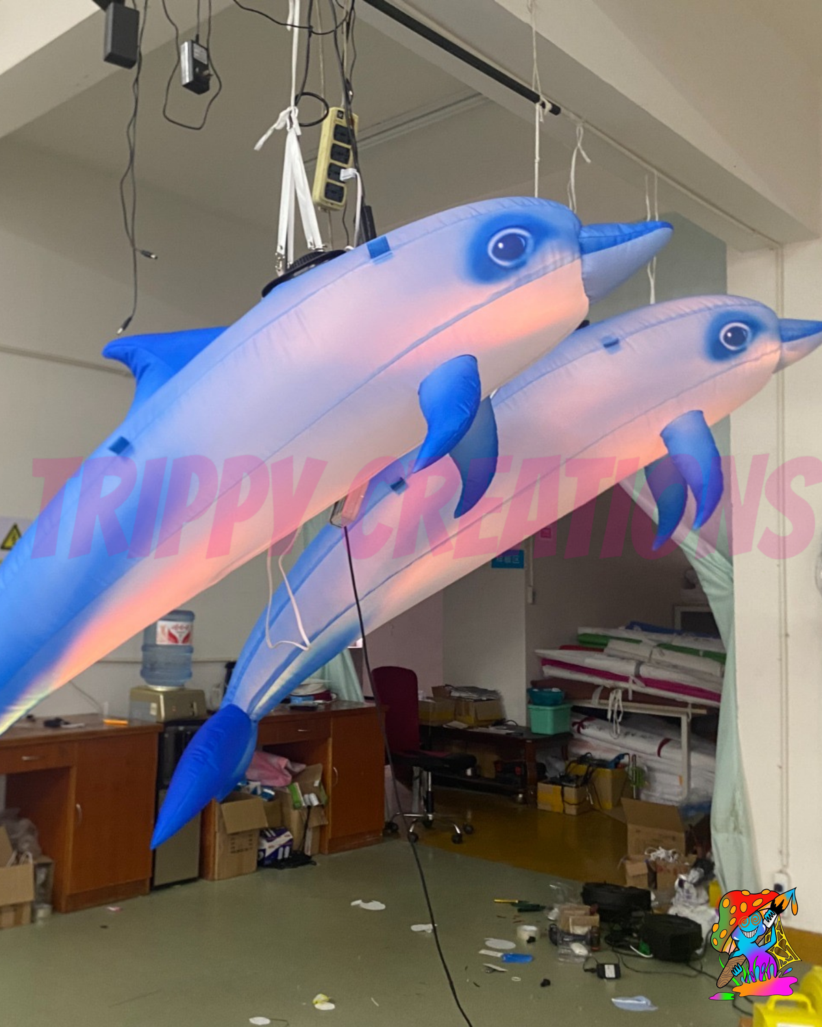     Large inflatable dolphin used as an ocean themed decoration for an immersive event installation.