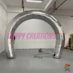 Commercial giant reflective silver inflatable archway manufactured from durable Oxford fabric for indoor and outdoor events.