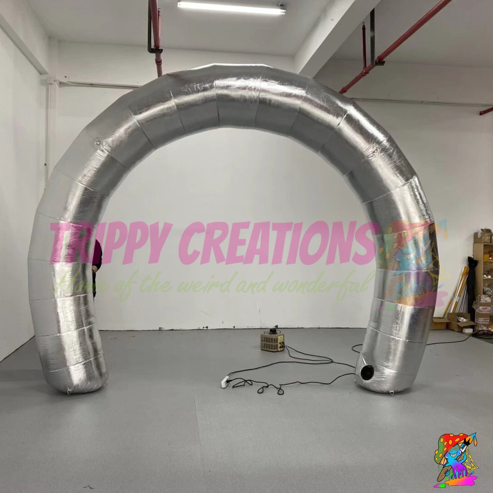 Commercial giant reflective silver inflatable archway manufactured from durable Oxford fabric for indoor and outdoor events.