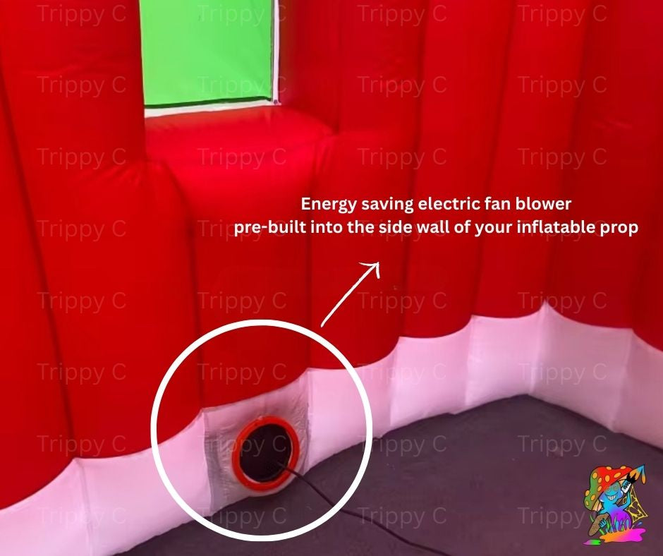 Inflatable prop with energy-saving electric fan blower pre-built into the side wall, branded 'Trippy C'.