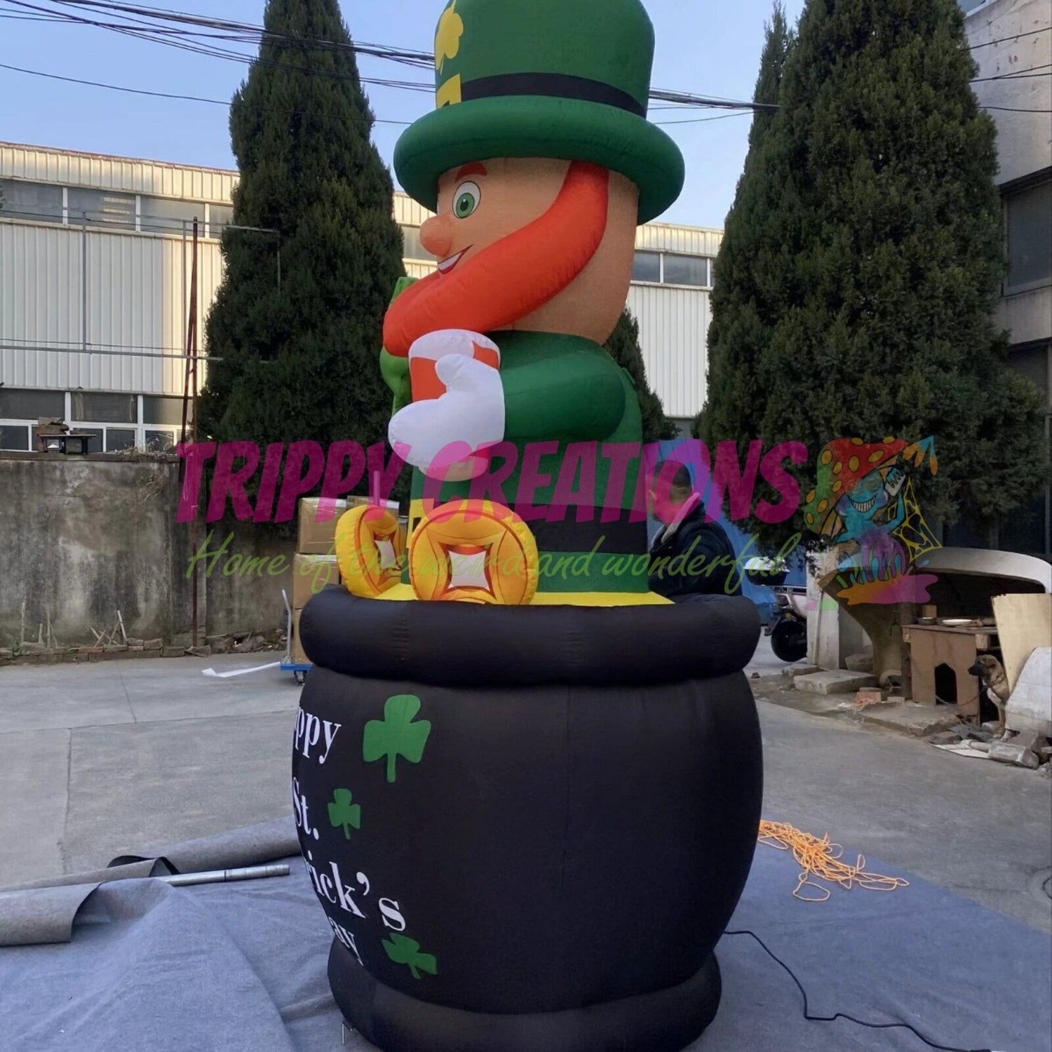 oversized inflatable green top hat used as centrepiece for st patricks event