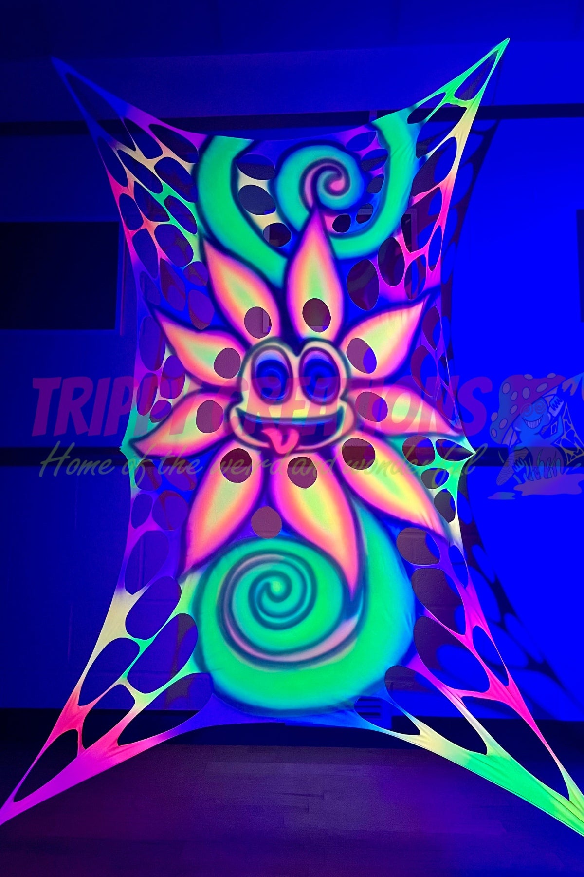 Hand airbrushed psychedelic neon flower UV wall hanging for trippy room decor