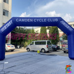Inflatable event arch featuring sponsor branding and promotional graphics
