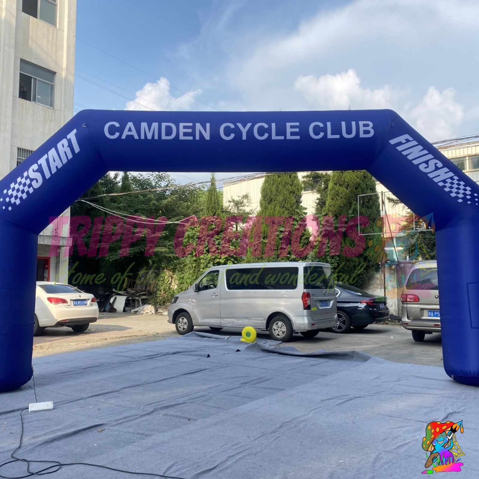 Inflatable event arch featuring sponsor branding and promotional graphics