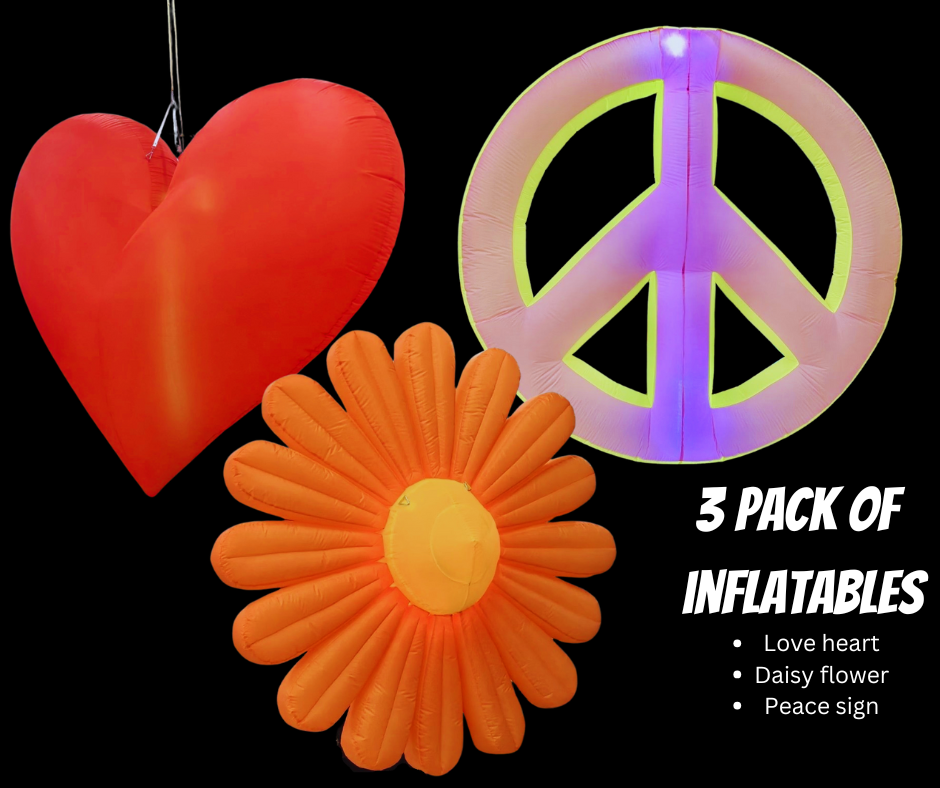 Pack Of 3 Inflatable Decorations | Heart Shape, Peace Sign and Daisy