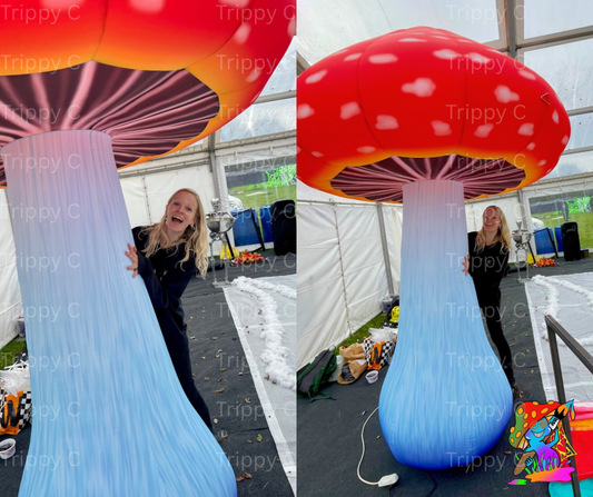 Inflatable mushroom decorations at an outdoor event with a person holding one of them.