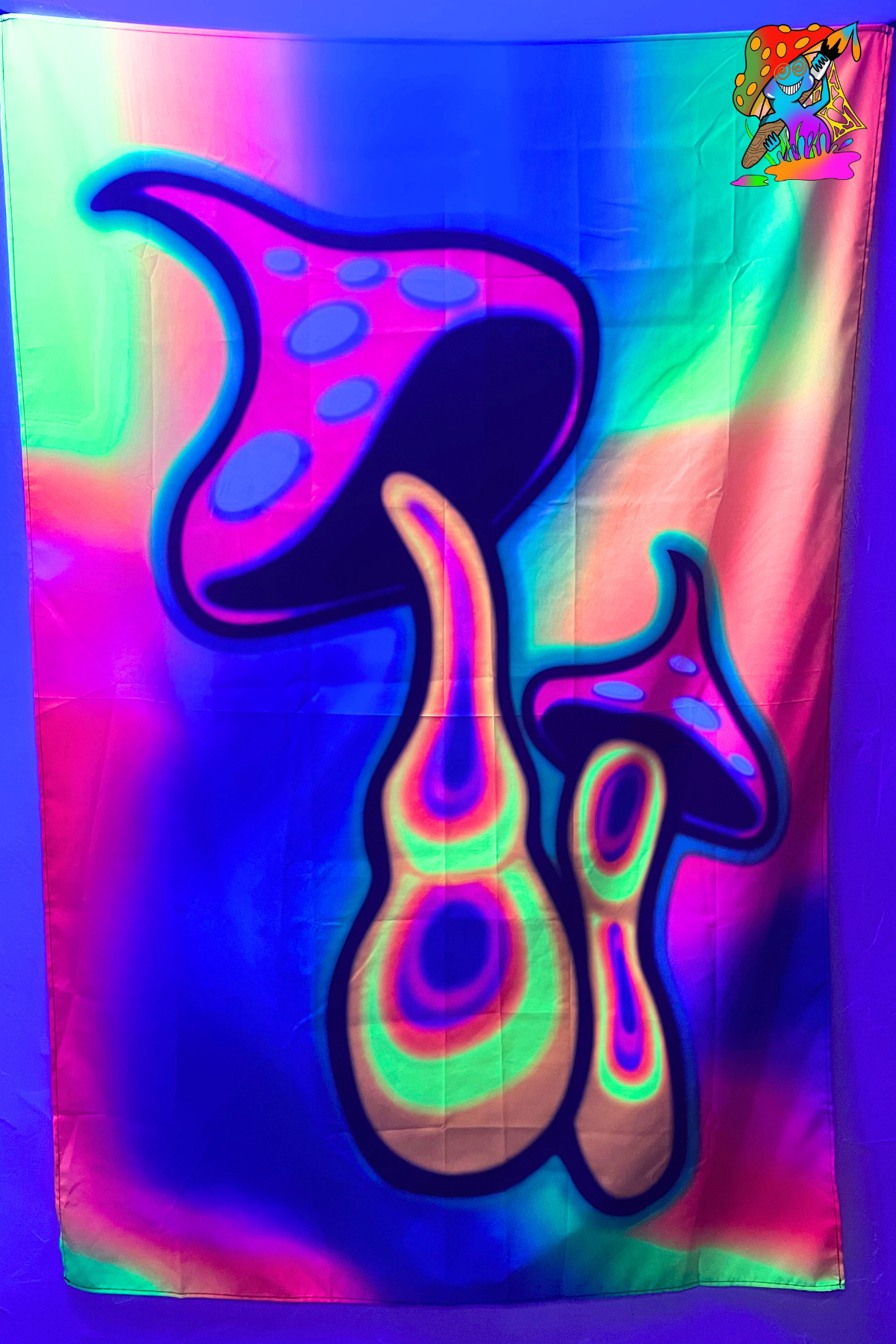 cartoon mushroom UV trippy wall hanging for mancaves, events and more