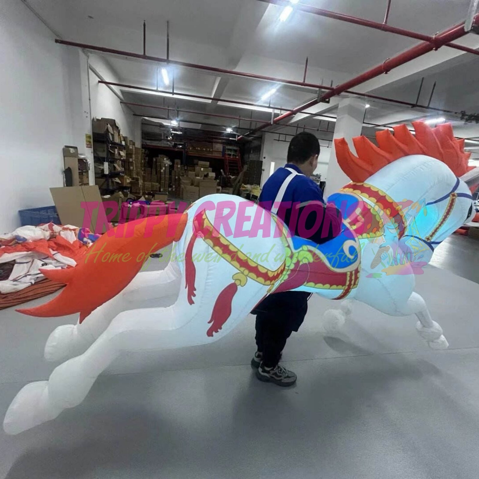 Mobile inflatable unicorn prop for shopping centres, festivals and visitor attractions.