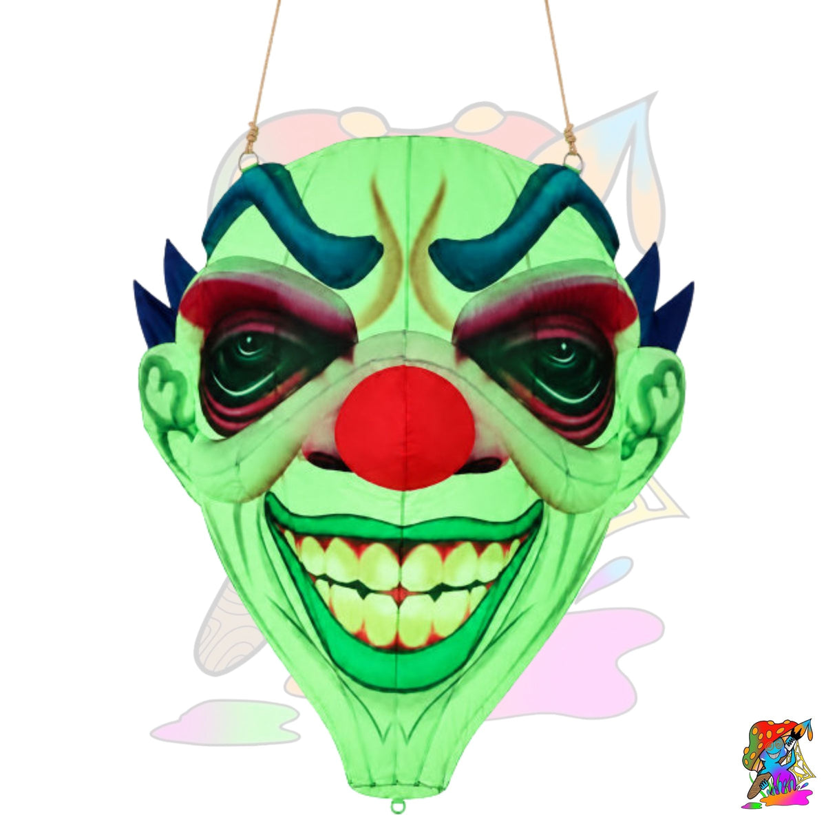 blue hair creepy clown decoration that hangs from the ceiling