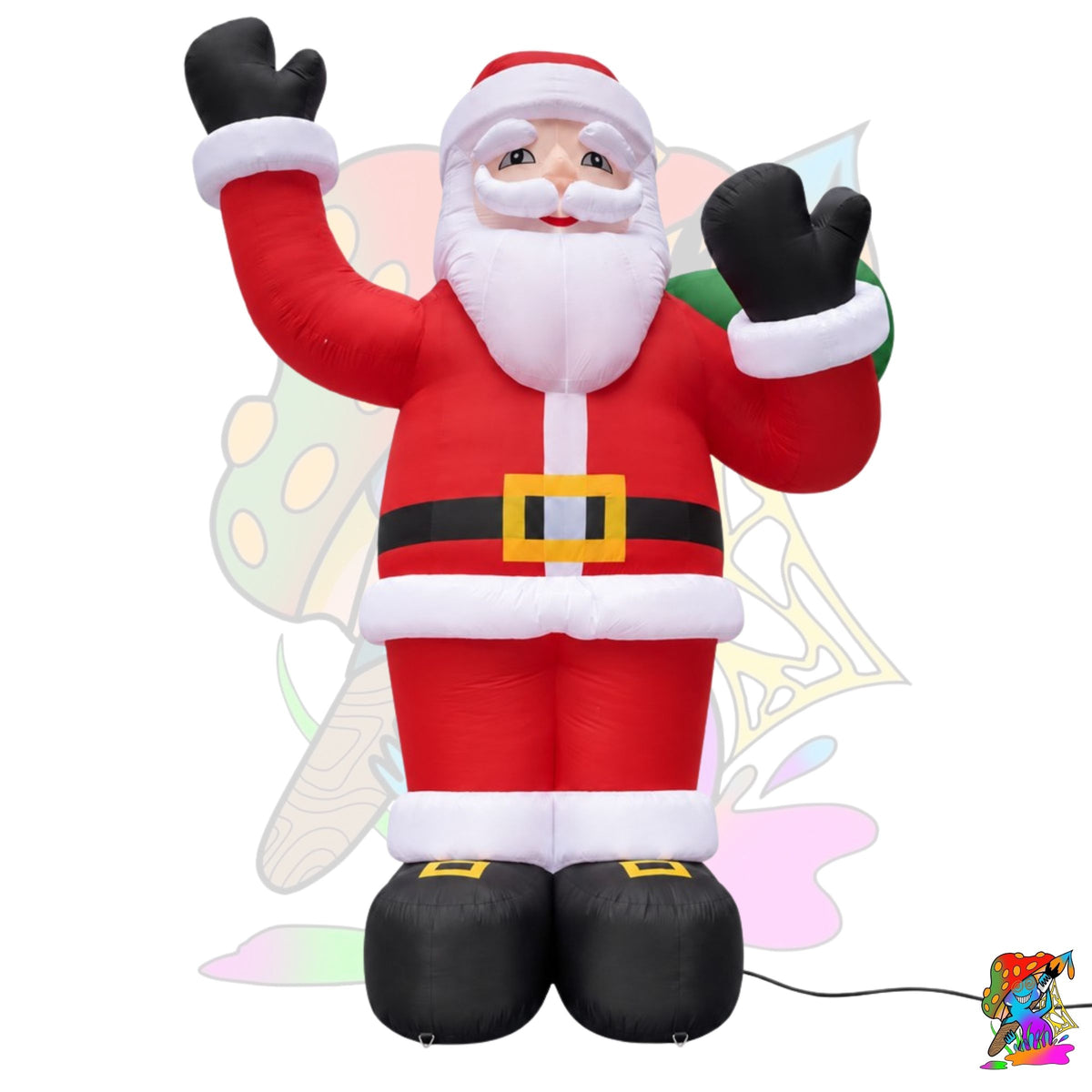 Inflatable Christmas Santa Claus figure with raised arms, wearing a red suit with white trim, black gloves and boots, and a gold belt buckle, shown on a plain white background.