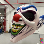 Three-quarter view of the giant Halloween clown head showing dark eyes, pointed teeth and sculpted facial details.