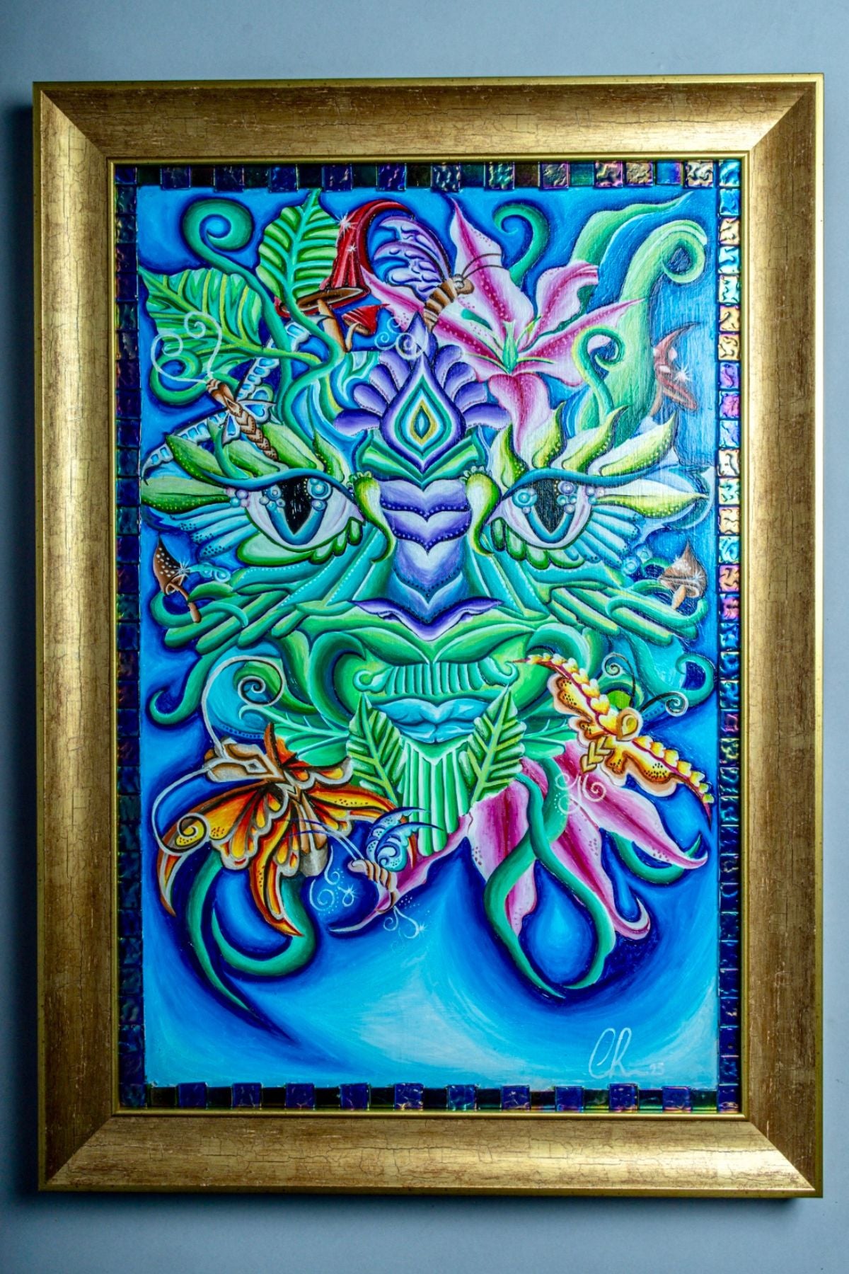 Fantasy forest painting with gemstones and gold frame
