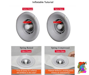 Inflatable tutorial showing valve positions and spring states on a white background.