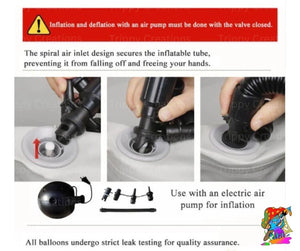 Instructions for inflating and deflating an inflatable object with a valve, featuring text and images of hands using a pump.