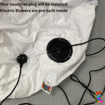 Built-in electric blower and power lead on the inflatable Halloween clown head; a suitable country plug is supplied.