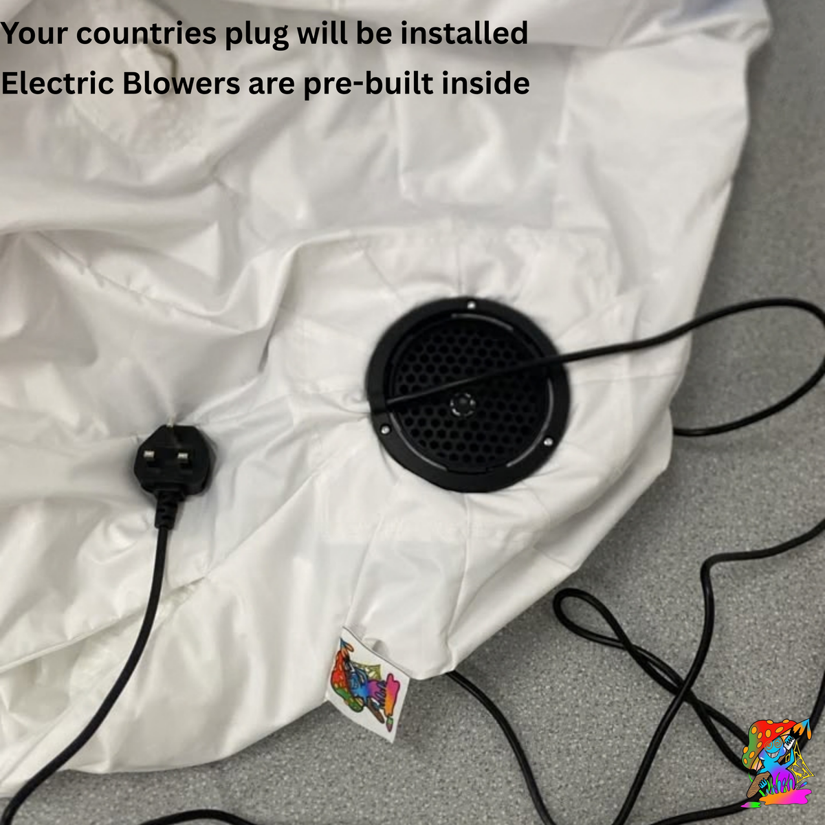 Built-in electric blower and power lead on the inflatable Halloween clown head; a suitable country plug is supplied.