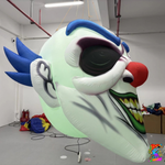 LED inflatable clown head glowing pale green, shown from the side as a hanging Halloween prop.