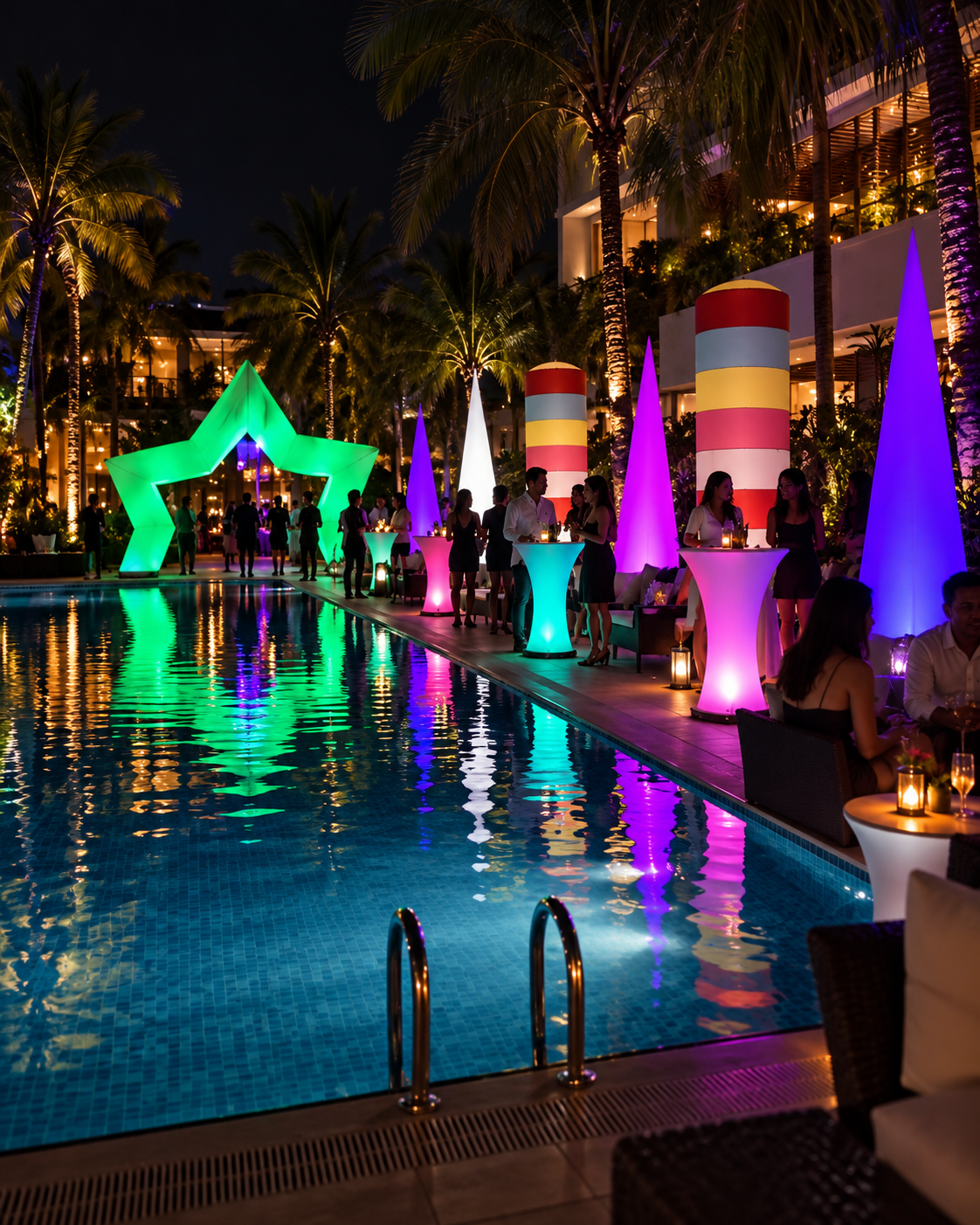 Illuminated inflatable LED star arch at an outdoor poolside evening event with colourful decorative lighting.