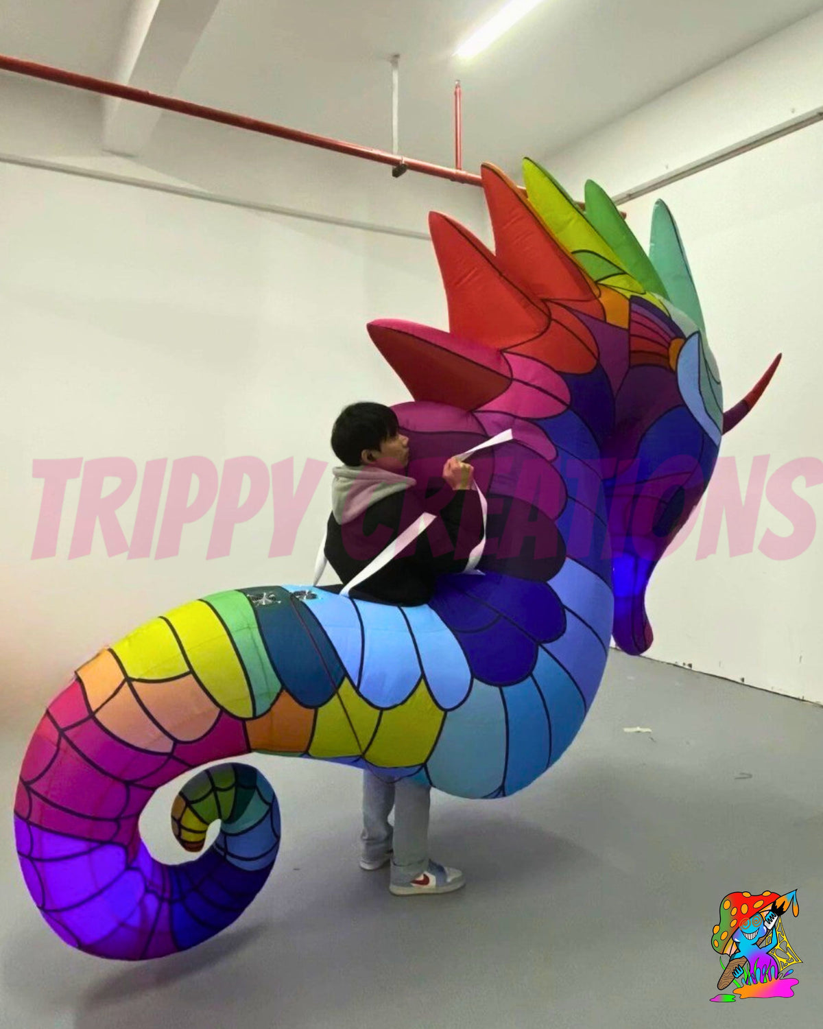 A person stands inside a large, inflatable, rainbow-colored seahorse-shaped structure in a white studio or warehouse space. The product features a vibrant, multi-colored pattern of red, orange, yellow, green, blue, and purple segments.