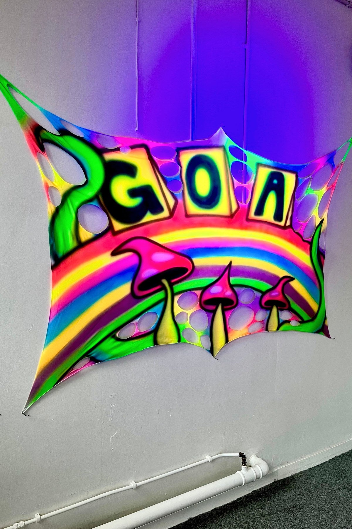 Customised Blacklight reactive wall hanging for indoor events