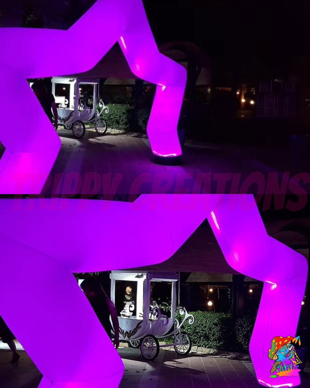 Bright pink illuminated inflatable star arch forming an entrance at a nighttime poolside event.