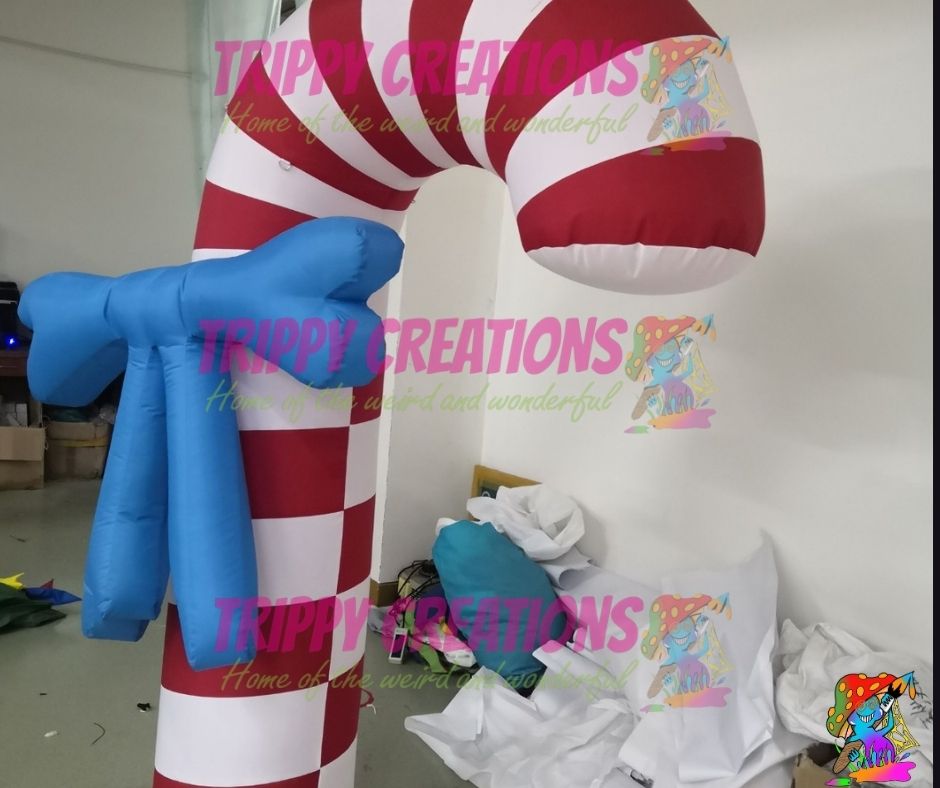Designer Inflatable Candy Cane with Blue Bow Christmas Feature Piece