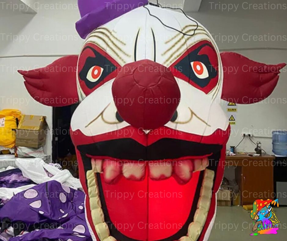 Evil clown inflatables with red hair and eerie expressions, set up inside a dark party venue.