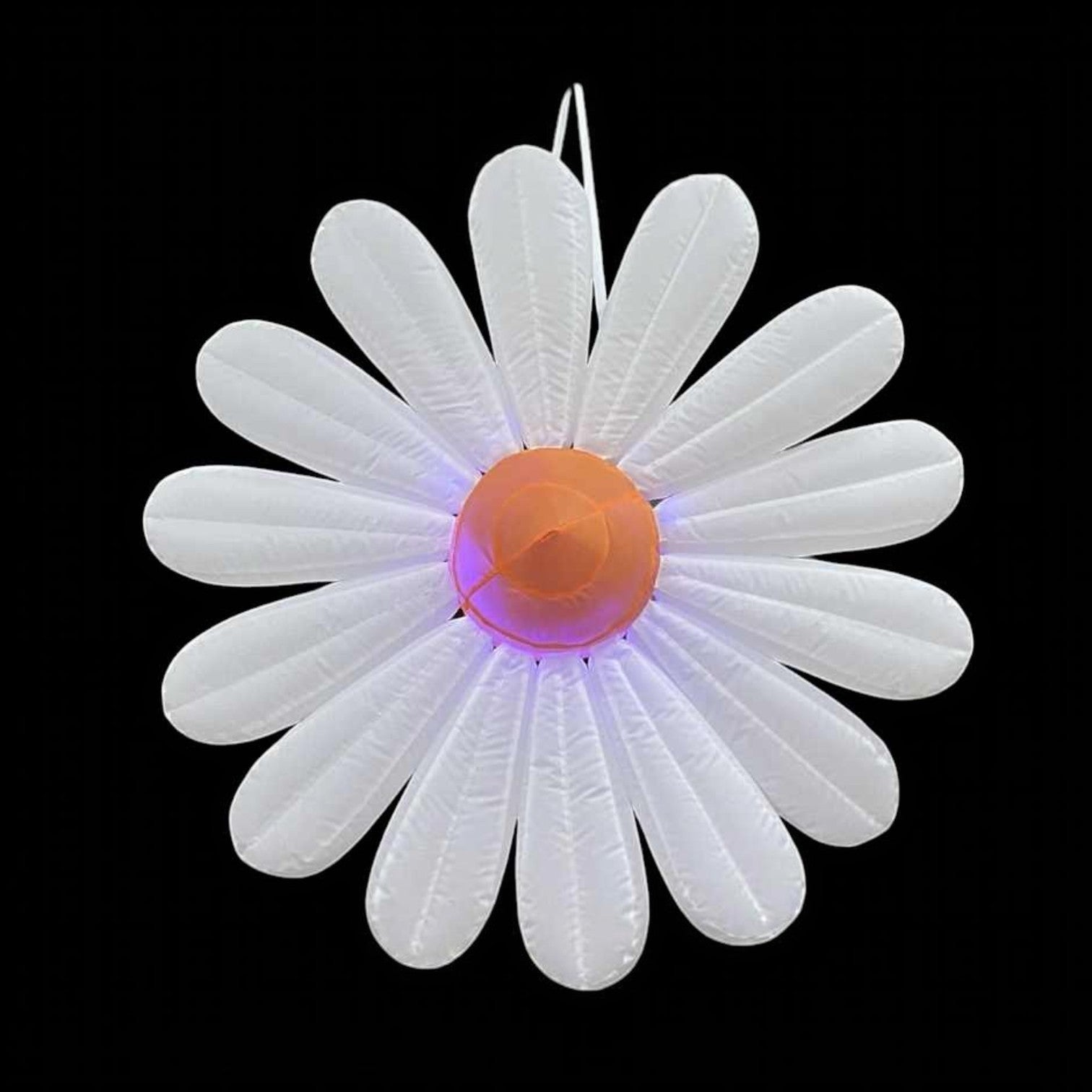 Trippy Creations giant white inflatable daisy flower decoration with orange center and purple LED lights, made of polyester taffeta.