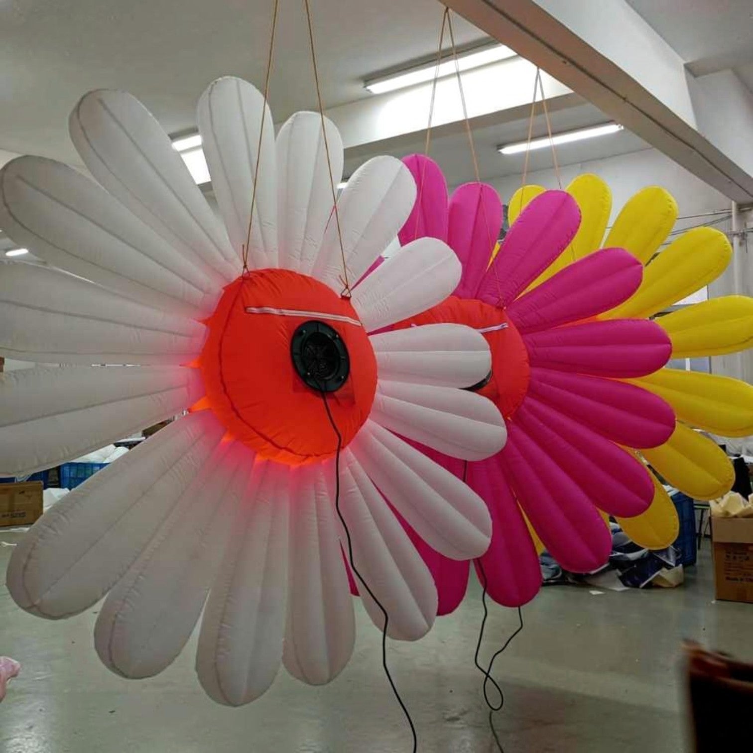 Trippy Creations giant inflatable daisy flower decorations in white, pink, and yellow with LED lights.