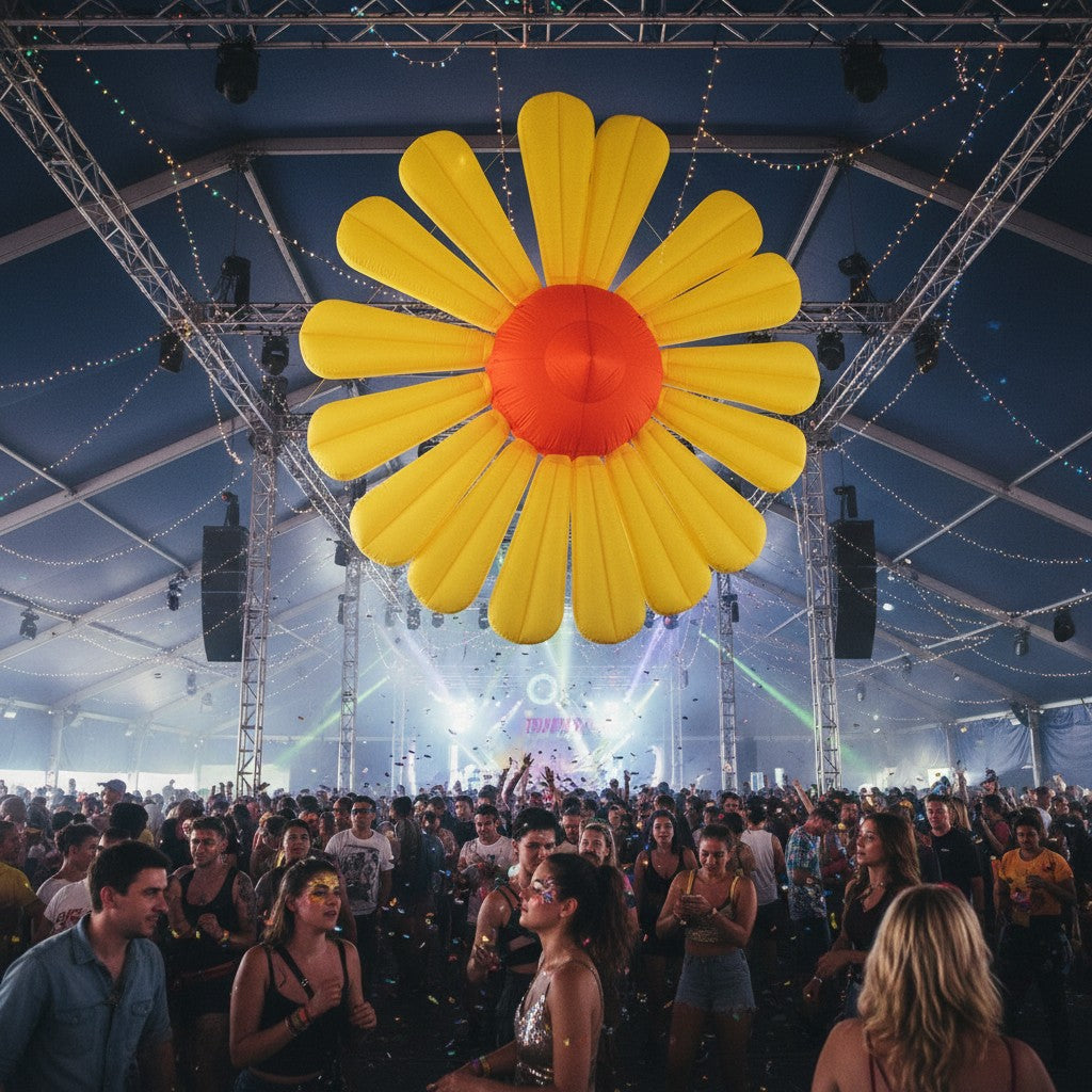 Trippy Creations giant yellow inflatable daisy flower decoration with orange center, polyester taffeta, for events.