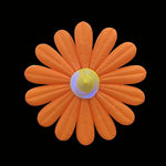 Trippy Creations giant orange inflatable daisy flower decoration with LED lights and yellow center, made of polyester taffeta.
