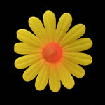 Trippy Creations giant yellow inflatable daisy flower decoration with orange center, made of polyester taffeta.