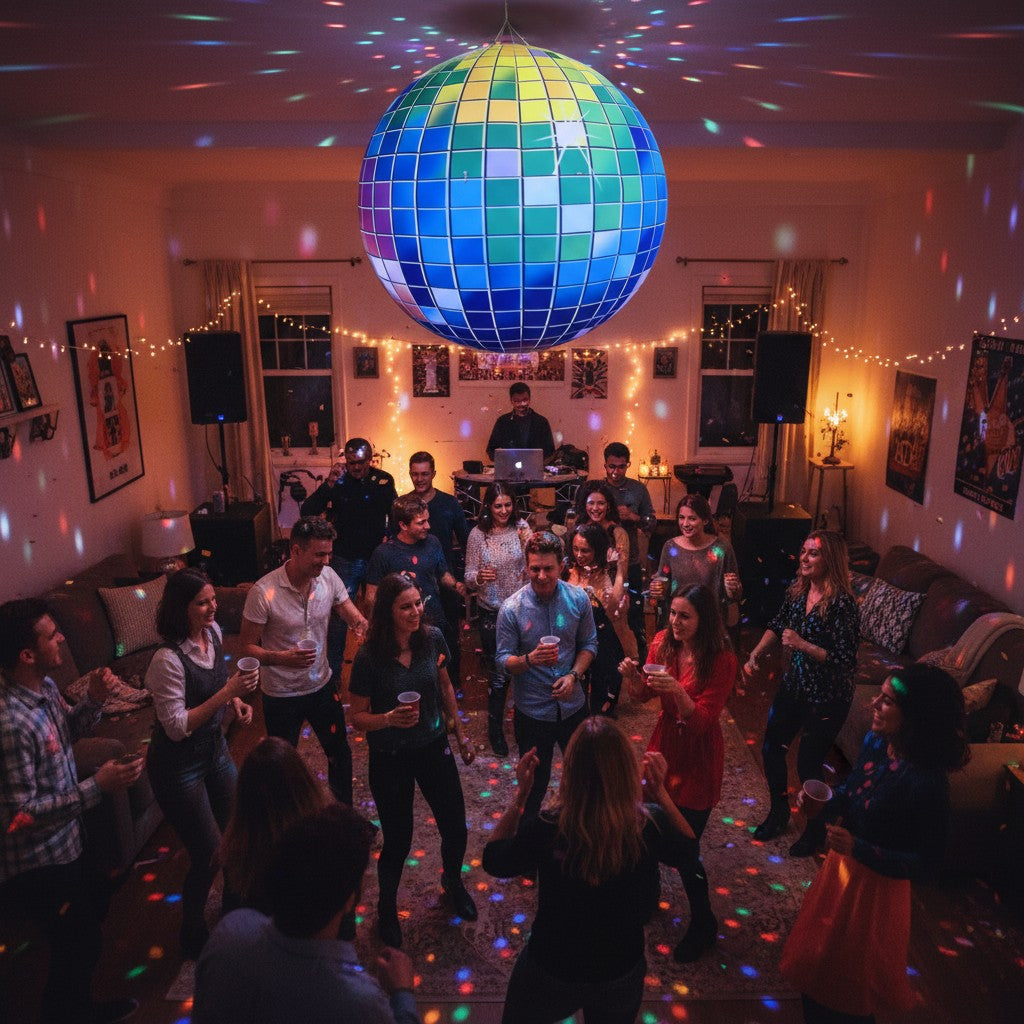 Trippy Creations giant inflatable disco ball decoration with colorful squares, perfect for parties and events.