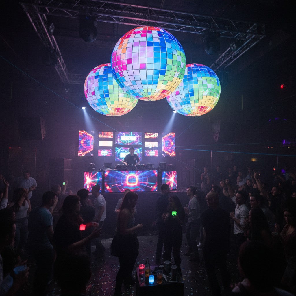 Trippy Creations giant inflatable disco ball decoration with colorful mosaic pattern and internal LED lighting.
