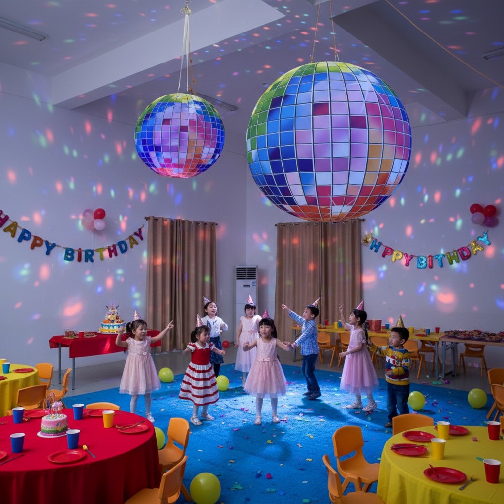 Trippy Creations giant inflatable disco ball decoration with rainbow colored squares, lit from within.