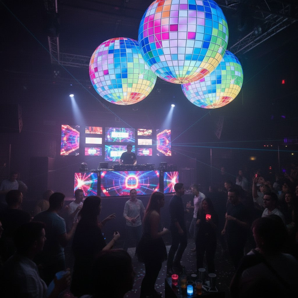 Trippy Creations giant inflatable disco balls with LED lights, perfect for parties and events.