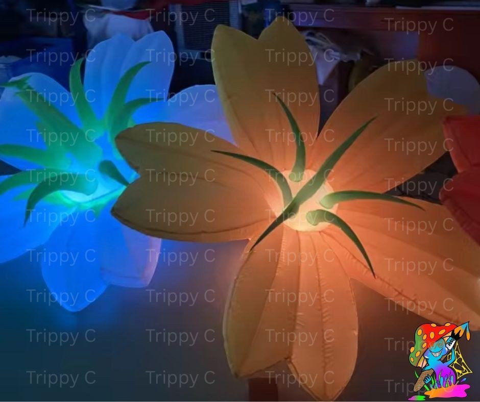 Trippy Creations giant inflatable flower decorations in blue and orange with green accents, illuminated from within.