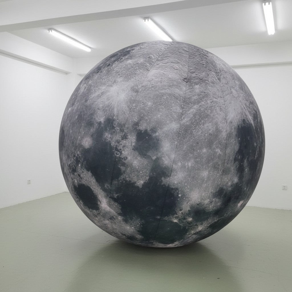 Trippy Creations giant inflatable moon decoration with realistic crater details, perfect for events and parties.
