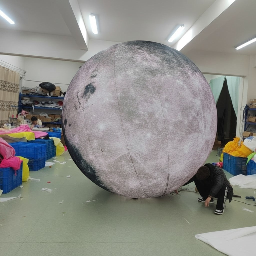 Trippy Creations giant inflatable moon decoration with realistic surface detail, perfect for events and parties.
