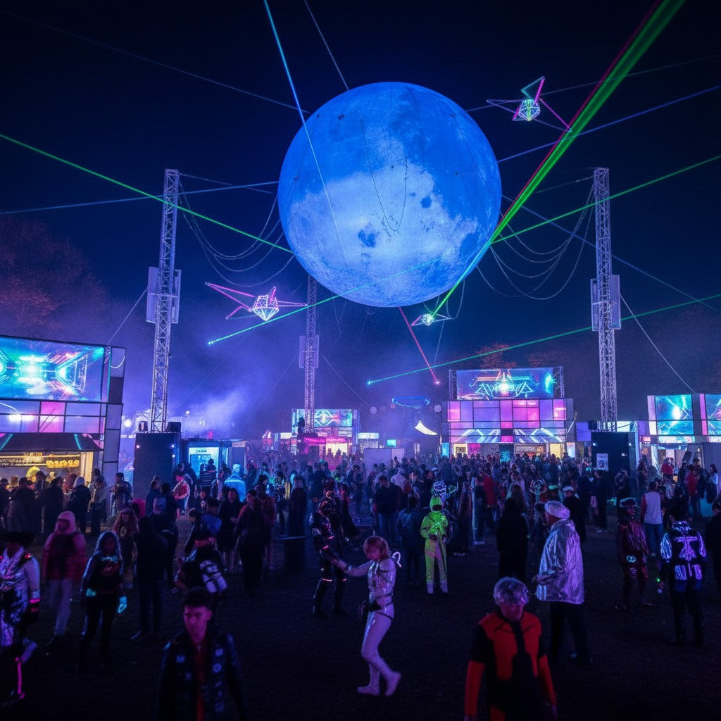 Trippy Creations giant blue inflatable moon decoration glowing at night festival with laser lights.