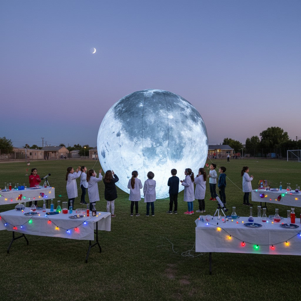 Trippy Creations giant LED inflatable moon decoration, realistic grey and white surface with craters, perfect for events and parties.